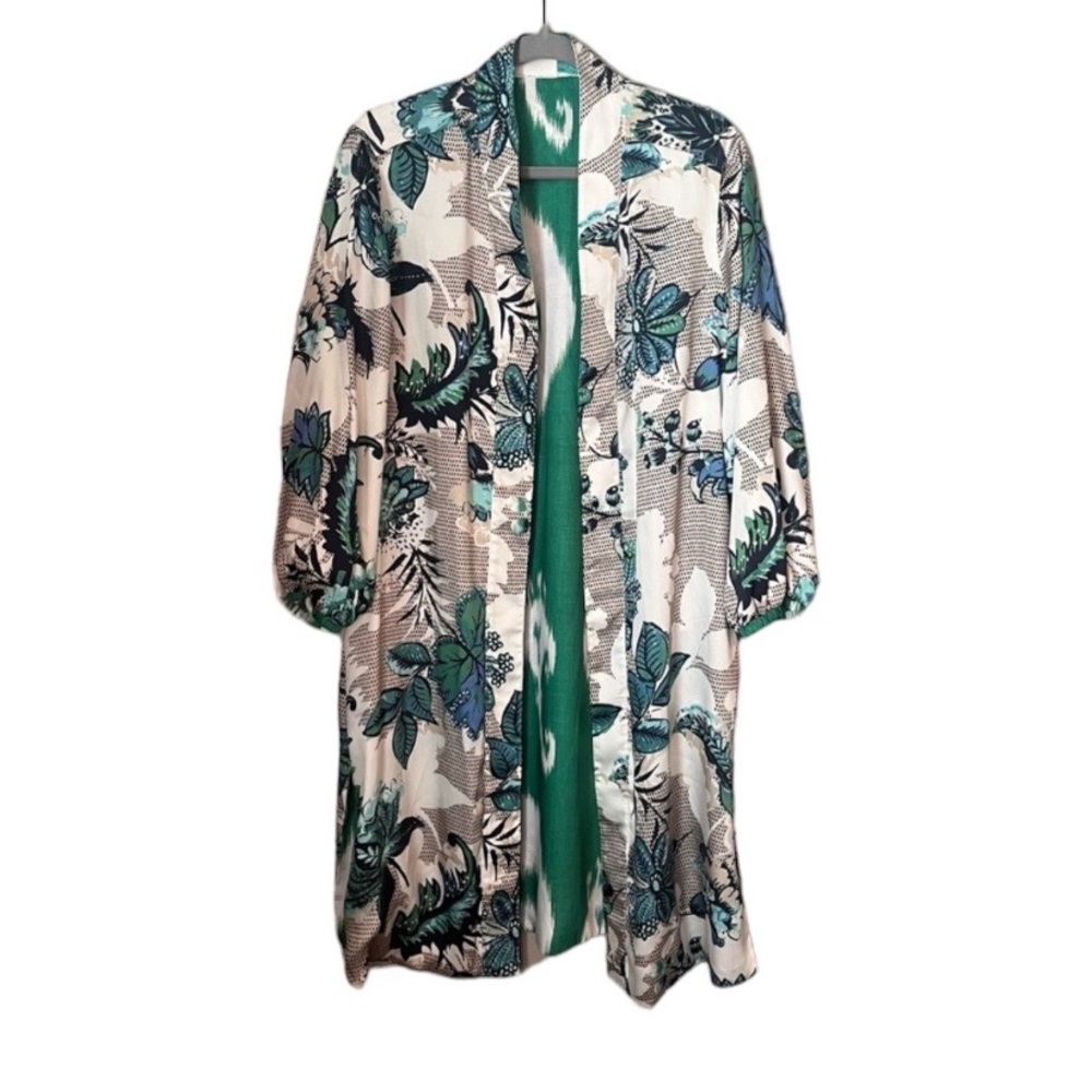 Chico’s Reversible Floral Printed Longline Kimono Ikat Duster Cardigan - Picture 5 of 15